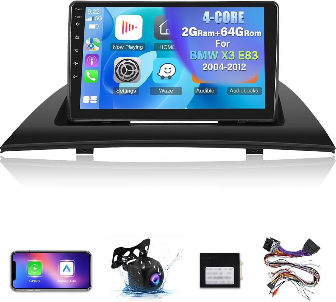 [2+64G] for BMW X3 E83 2004-2012 Android Radio: 9 Inch Touch Screen Car Radio - Wireless Carplay & Android Auto, GPS Navigation, WiFi, Mirror Link, EQ, FM, SWC + AHD Backup Camera + Canbus