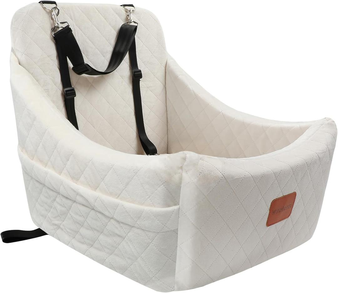 WOOAIDAGG Dog Car Seat for Medium Sized Dog,Pet Travel Car Bed with Seat Belt Channle,Fully Detachable and Washable Car Dog Seat with Adjustable Straps,3 Straps Easy to Install (Beige)