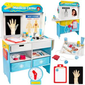 Get Well Doctor Wooden Activity Center- Kids Pretend Play Medical Playset w Waiting Room- 16 Accessories, Dual Sided, Office Checkup Kit w X-Rays, Blood Pressure Cuff- Boys Girls Roleplaying Toy Gift