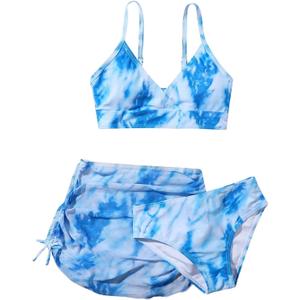 3 Piece Bikini Bathing Suits+Skirts Swim Sets for Girls Toddler Tie Dye Padded Swimsuit Ruched Rash Cover up Swimwear (8-9 Years, Blue)
