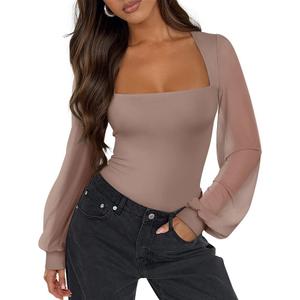 PINKMSTYLE Women's Square Neck Double Lined Mesh Long Sleeve Bodysuits Slim fit Trendy Going Out Tops Shirts (Medium, Latte)