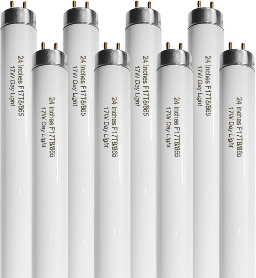 24 Inch F17T8/865 Fluorescent Bulb Daylight 6500K, 17 Watt T8 Light Bulb, 2 Foot G13 Medium Bi-Pin Cap 8 Count