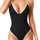 OQQ Women's One Piece Swimsuit Tummy Control V Neck Bathing Suits 2025 Trendy (Black, L)
