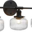Pathson 3-Lights Globe Wall Sconce Lamps, Striped Glass Bathroom Sconces for Mirror, Hardwired Wall Vanity Light Fixtures, Vintage Home Wall Lamps Decor for Living Room, E26 Base (Matte Black)
