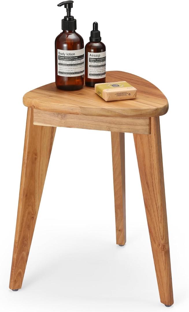 TEAKAURA Teak Shower Stool, 17'' Shower Foot Rest for Shaving Legs, Waterproof Teak Shower Seat, Corner Shower Bench, Wooden Step Bench, Organizer Stool, Plant Stand for Living Room Bathroom