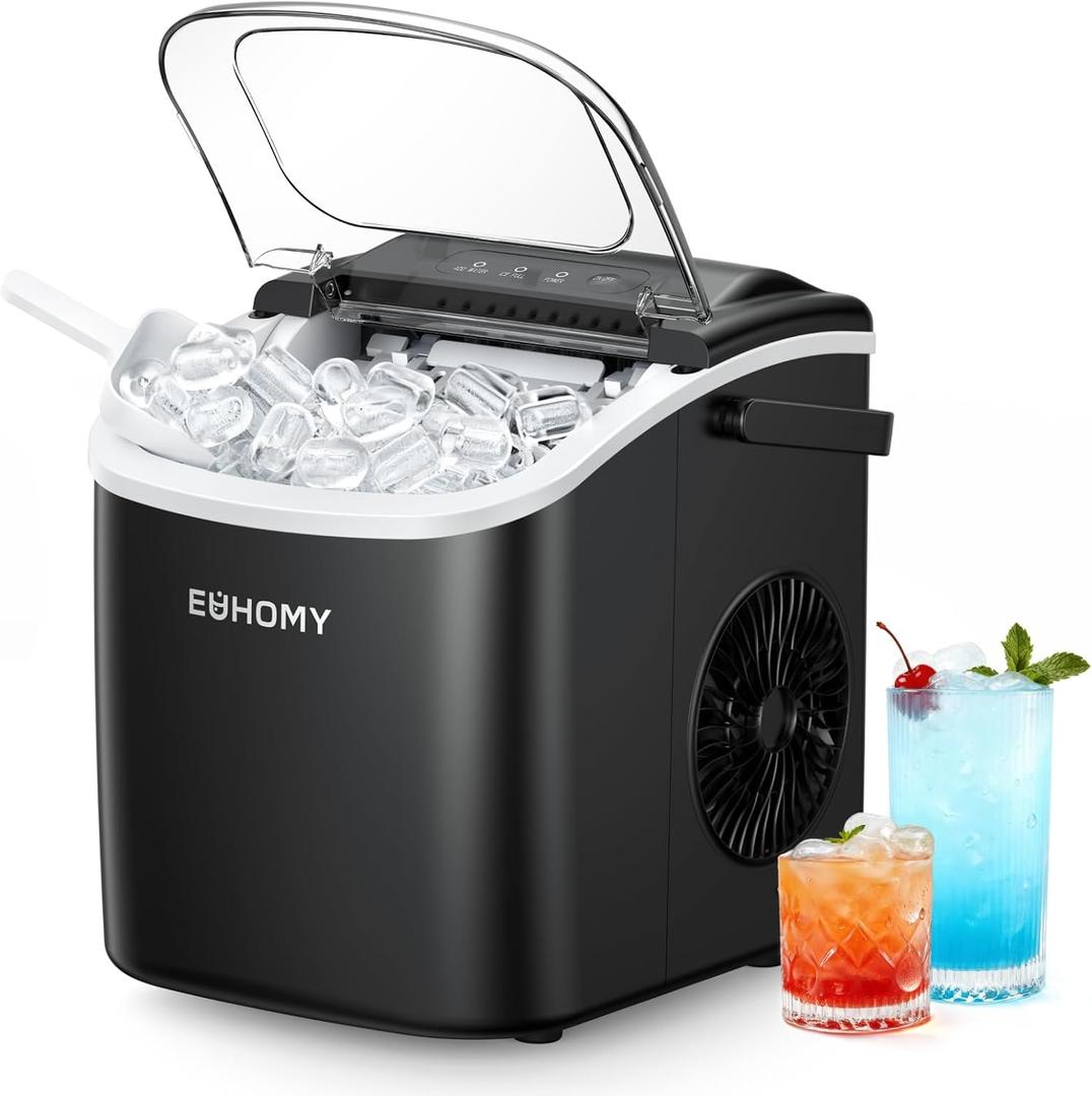 EUHOMY Countertop Ice Maker Machine with Handle, 26.5lbs Per Day, 9 Ice Cubes Ready in 6 Mins, Auto-Cleaning Portable Ice Maker with Basket and Scoop, for Home/Kitchen/Camping/RV (Black)