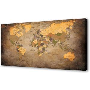 Baisuwallart 1 Piece Vintage World Map Canvas Wall Art- Ready to Hang - Home Office Decor Picture Prints for Living Room Bedroom Abstract Painting Artwork 71x36inches