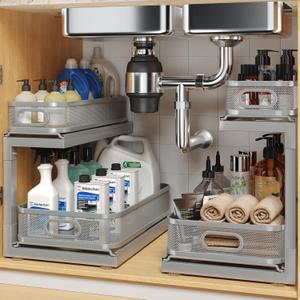2-Pack Under Sink Storage Organizer with 2-Tier Slide Out Drawer, Sophisticated Mesh Pull Out Shelf for Kitchen & Bathroom, Fits Small Items, Upgraded Arched Track for Smooth Gliding(Patented) (Gun Gray)