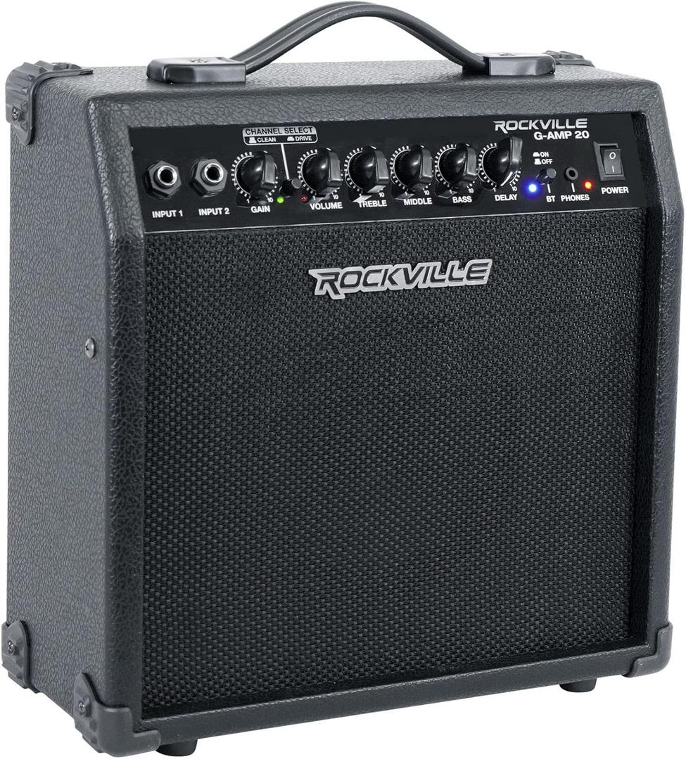 Rockville G-AMP 20W Guitar Amplifier Combo, Bluetooth, Delay, Dual Inputs, Compact Design, Lightweight, Portable, Perfect for Practice and Small Gigs