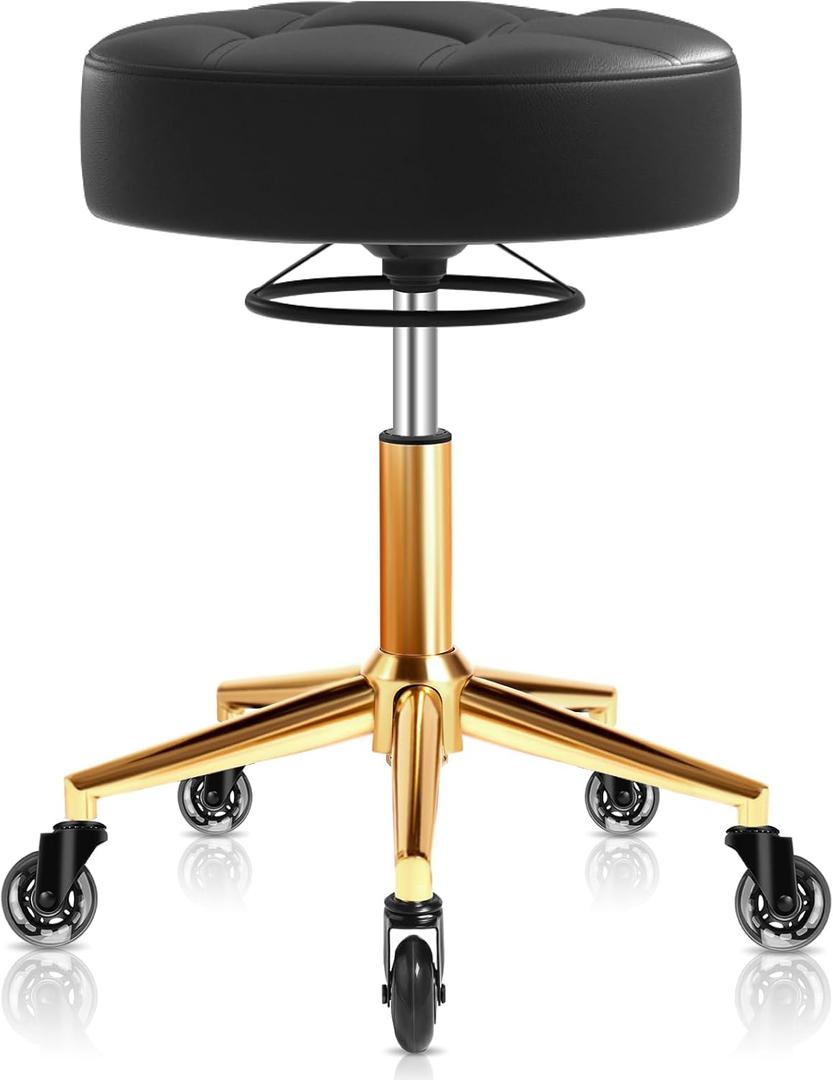 Rolling Stool Heavy Duty 450lbs - Reinforced with Golden Alloy Steel, Super Soft Thick Cushion, 360 Swivel, Smooth Rolling NO Noises, Adjustable Stool with Wheels for Massage Tattoo Spa, (Black)