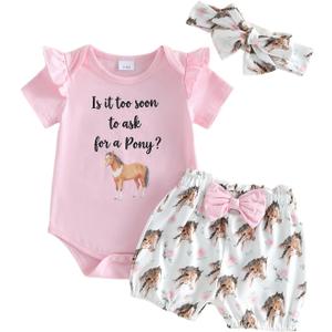 Newborn Baby Girl Western Outfits Cowgirl Summer Clothes Short Sleeve Letters Romper Boots Horse Shorts Headband (0-3 Months, Pink)