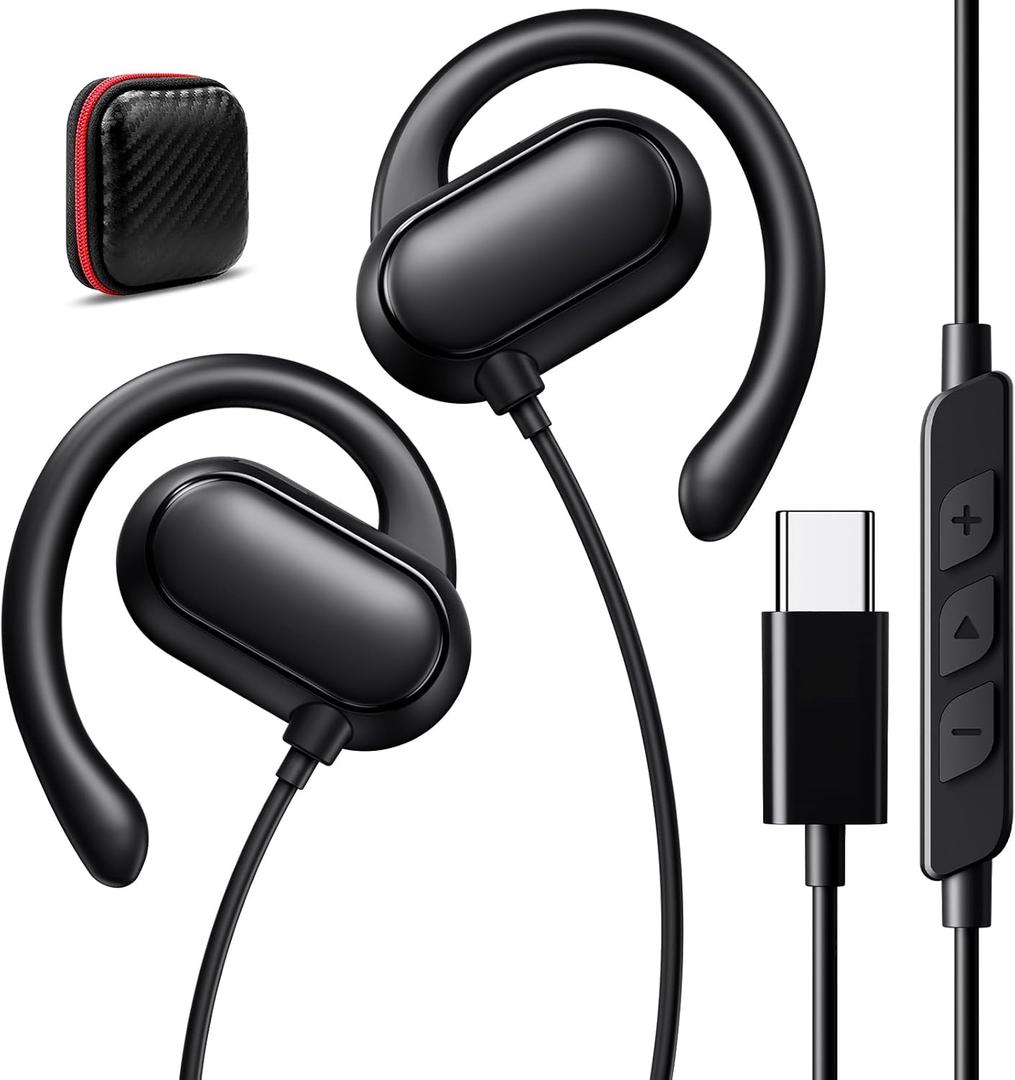 USB C Headphones Wired Earbuds Open Over Ear Buds for Apple/Android USBC Type C Earphones Wire Corded for iPhone 17 17e 16 16e 15 Pro Wrap Around Ear Hook for Samsung S26 Ultra S25 S24 S23 Plus Black