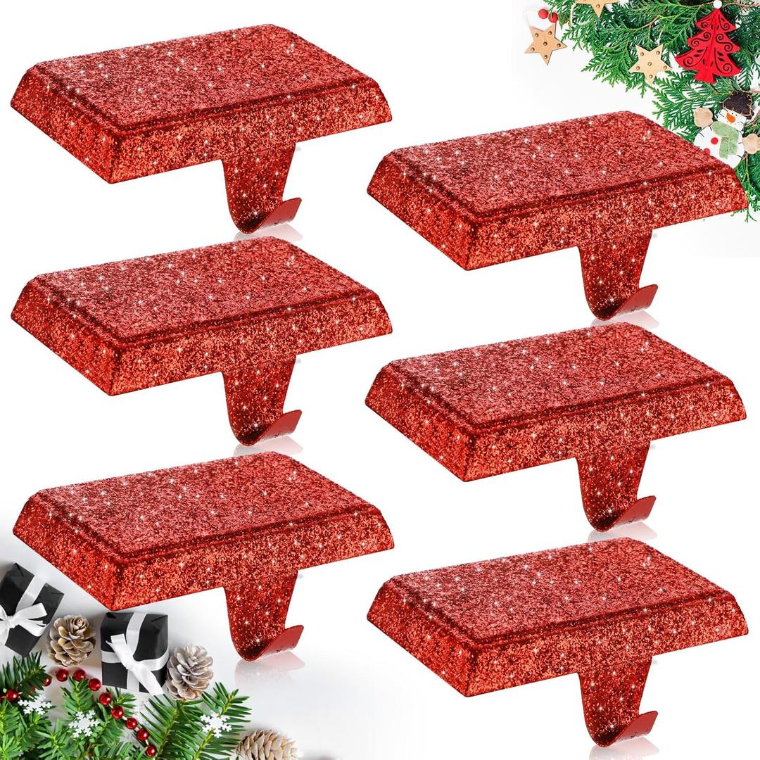 Huwena Christmas Stocking Holders Shiny Mantel Stocking Hangers Fireplace Hangers Glitter Hanging Hooks for Christmas Holiday Fireplace Window Table Supplies (Red,6 Pcs)