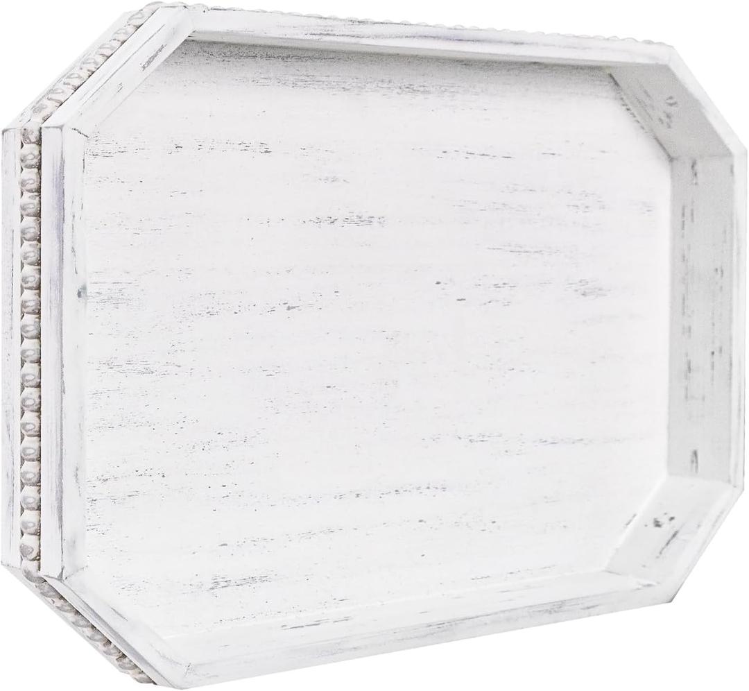 MAONAME Wood Serving Tray, Farmhouse Wooden Tray for Coffee Table, Octagonal Beaded Trays, Vintage White Decorative Trays for Living Room, Kitchen, 15.7" X 10.2" X 1.6"