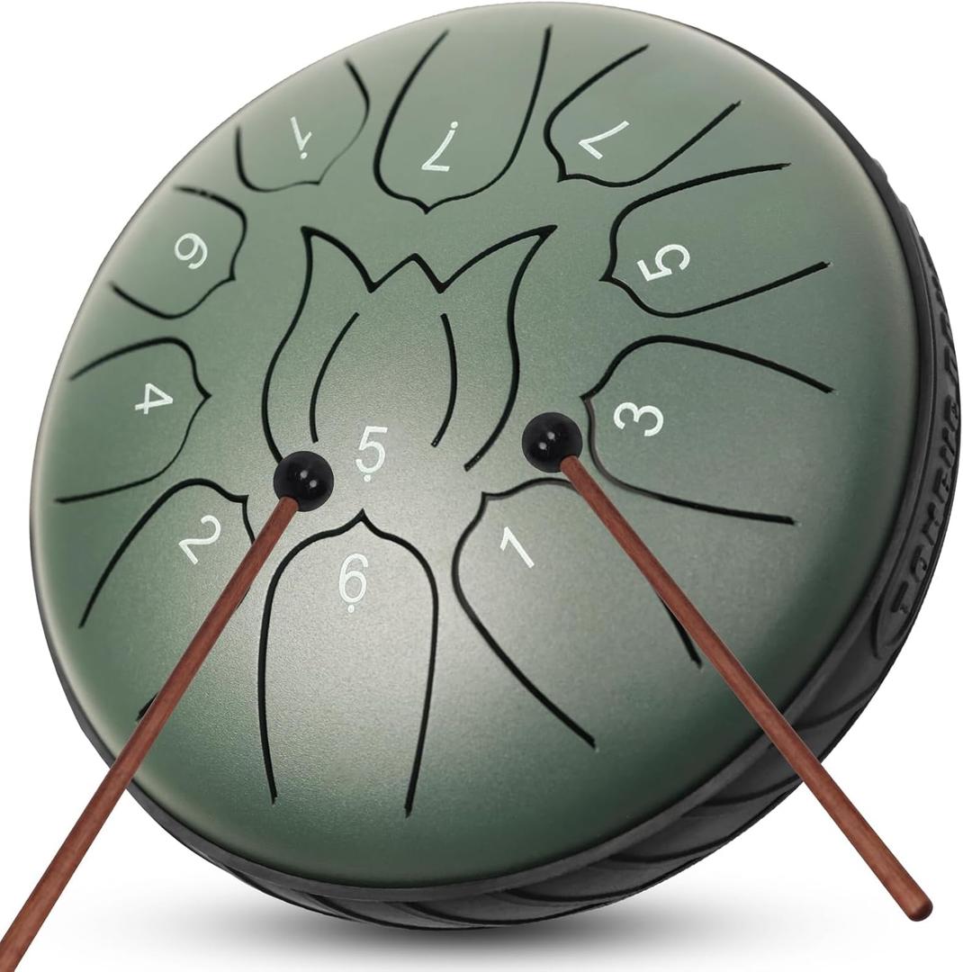 Steel Tongue Drum 11 Notes 6 Inches Rain Drum for Outside with Bag, Music Book, Drum Mallets, Mallet Holder, Finger Picks, Steel Drum for Yoga, Meditation, Prenatal Education (Green)