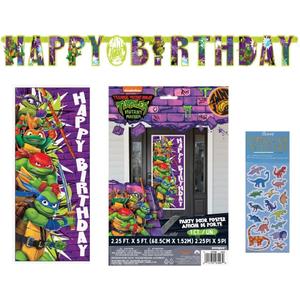 TMNT Teenage Mutant Ninja Turtles Birthday Party Supplies Bundle includes 1 Party Door Poster, 1 Happy Birthday Banner, 1 Dinosaur Sticker Sheet