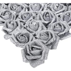 IPOPU Silver Roses Artificial Flowers,25PCS Foam Glitter Roses Glitter Flowers Fake Rose with Stems for DIY Wedding Bridal Bouquet Home Party Christmas Decoration(Silver)