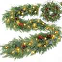 Extra Thick & Lush - Prelit Christmas Garland with 30 Lights Timer, 6Ft by 12 Inch Real Touch Cedar Garland with Berry Pinecone, Battery Operated Realistic Soft 130 Tips Xmas Garlands Indoor Outdoor
