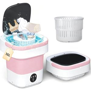 Portable Washing Machine - 16L Mini Foldable Washer with Spin Basket, 3 Cleaning Modes & Deep Cleaning for Small Clothes, Collapsible Laundry for Apartment, Home, Hotel and Travel (Pink)