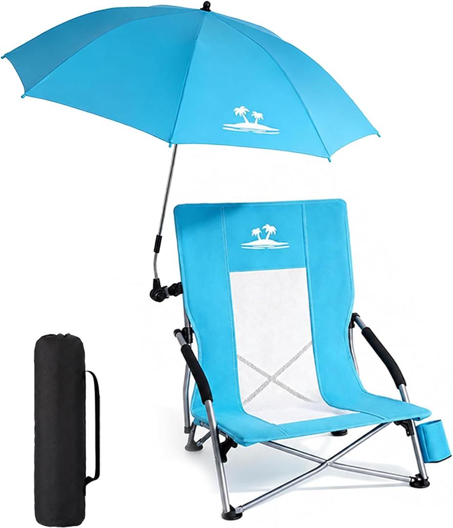 Folding Beach Chair for Adults with UPF 50+ Umbrella, Lightweight Low Beach Chair with Mesh Back,300lbs Capacity Portable Camping Chair with Carry Bag for Outdoor Lawn Camping Concerts (Blue)