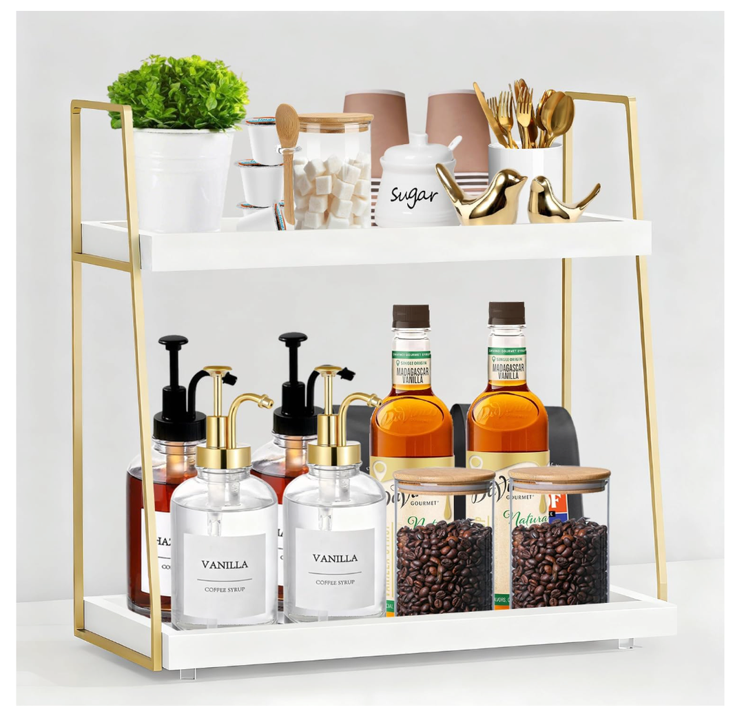 Coffee Bar Organizer for Countertop, Multifunctional Coffee Station Organizer for Accessories Storage, 2 Tier Wooden Shelf for Coffeebar, Countertop, Corner