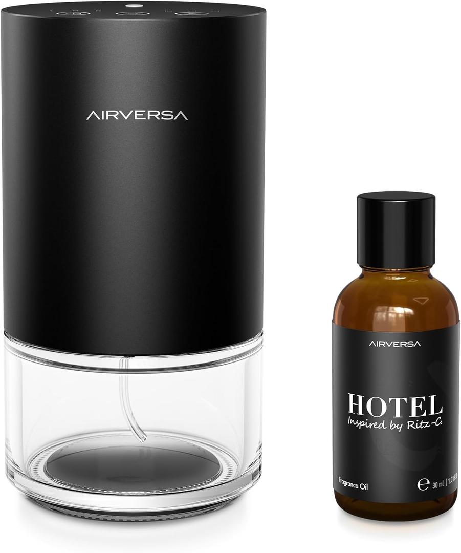 Airversa Waterless Essential Oil Diffuser with 30mL Hotel Scent Fragrance Oil, Aromatherapy Diffusers for Home Room, Bedroom, Car, Office, Desk, Battery Operated, 100mL Capacity Bottle, AN9 Black Kit