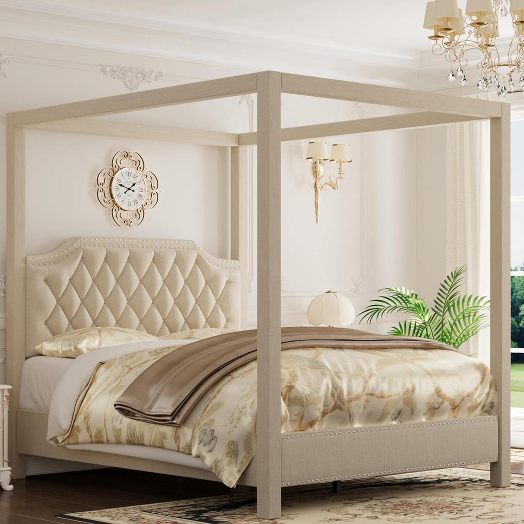 GAOMON Full Canopy Bed Frame with Upholstered Headboard, Four Poster Design, Button Tufted, and Slide Rail, No Box Spring Required, Wooden Slatted Structure, Beige