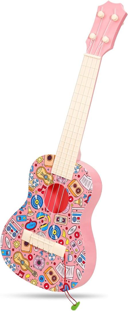 LeeQee 21in Colorful Graffiti Ukulele Guitar for Kids, 4 Strings Kids Guitar Ukulele Musical Instruments Learning Educational Toys with Picks for 3 4 5 6 7 8 9 10 11 12 Toddler Boys Girls (Pink)