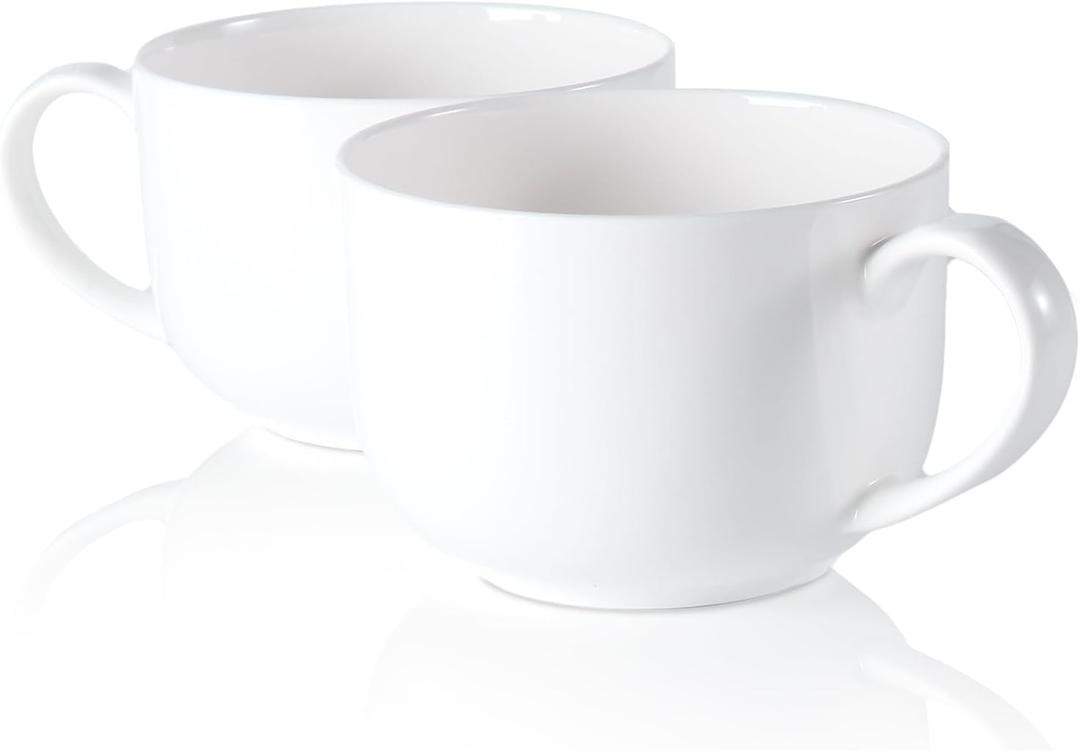 Fine Bone China Mugs with Handles Set of 2, Soup Mugs with Handles, 25 Oz Simplicity White Large Soup Mugs, Ceramic Bowls for Ice Cream, Oatmeal, Fruit, Yogurt, DIY Gift, Snack Bowls (2 Pcs Blank)