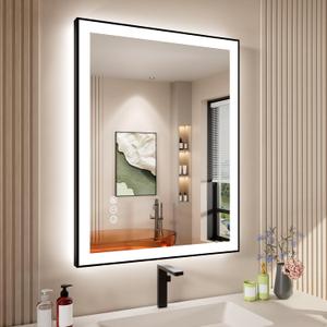 28x36 Inch LED Bathroom Mirror with Black Frame, Backlit and Front Lighted Bathroom Mirrors for Wall, Anti-Fog, Dimmable, Memory, Shatterproof, LED Vanity Mirror for Bathroom