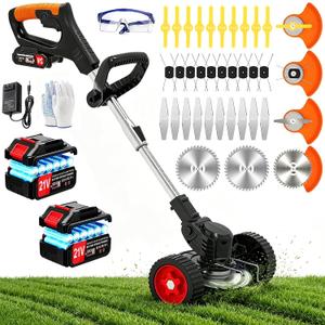 Electric Weed Wacker Cordless Eater No String Trimmer Battery Powered, 3 In 1 Lightweight Grass Trimmer/Brush Cutter/Lawn Edger with Wheels,Metal Blade&Charger, Stringless Weed Trimmer for Garden Yard