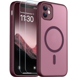 SPIDERCASE Designed for iPhone 11 Phone Case, Magnetic Translucent with 2PCS Tempered Glass Screen Protector Anti-Fingerprint Phone Case for iPhone 11 6.1'', Wine Red