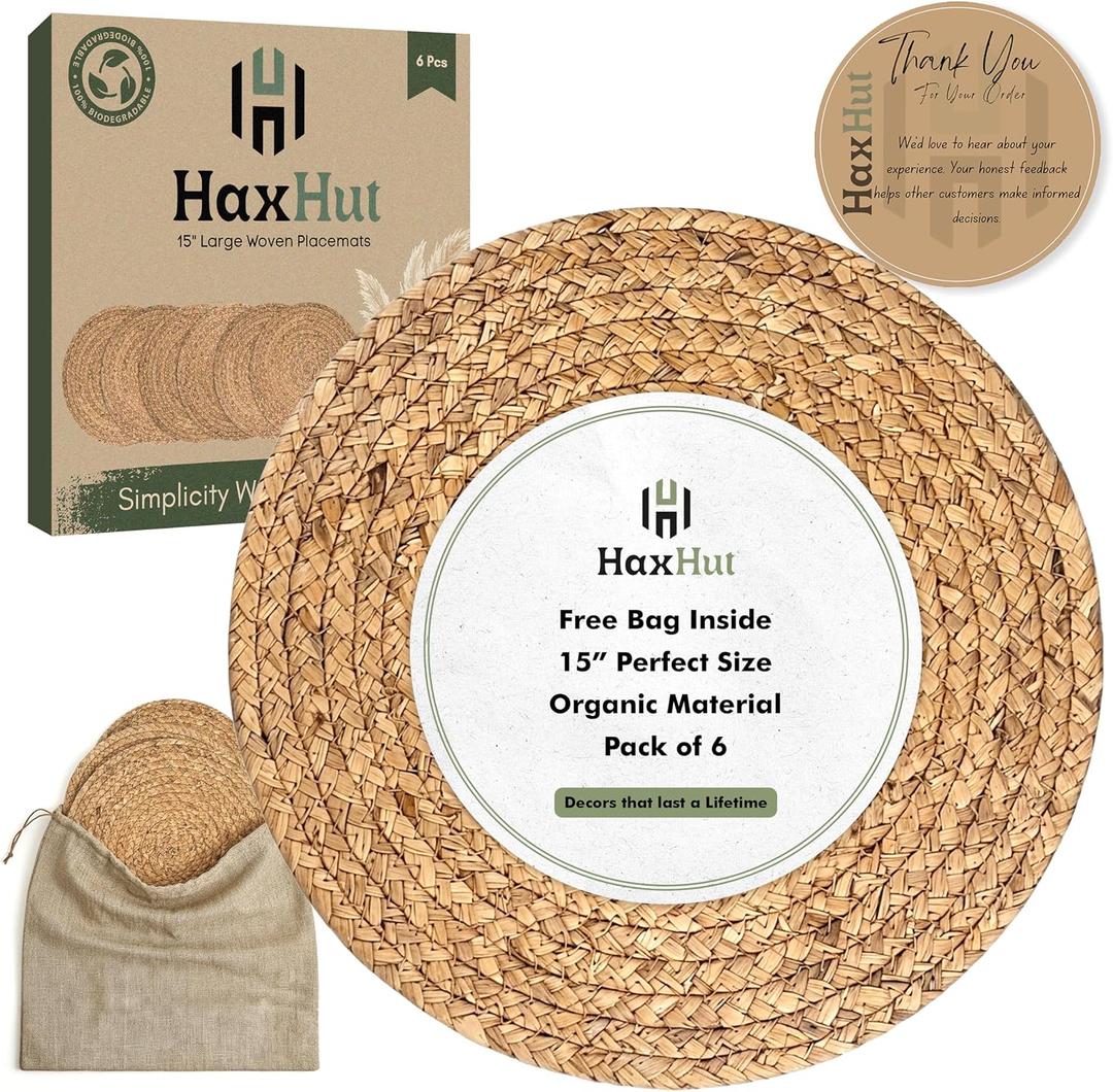 Round Woven Placemats Set of 6, Wicker Placemats for Dinner Plates | 15 Inch Natural Rattan Boho Style Braided Place Mats, Non-Slip, Heat Resistant, Dining Table Chargers with Bag for Storage