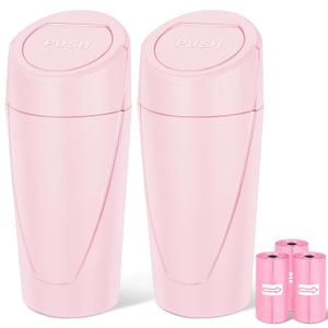 Car Trash Can, 2 Packs Mini Car Trash Bin with Lid, Leakproof Cup Holder Car Garbage Can with 60 Trash Bags, Vehicle Front Back Seat Organizers and Storage for Car, Home, Office, Pink