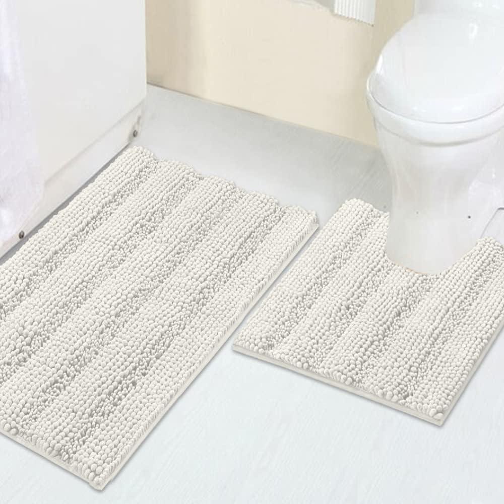 Turquoize Chenille Bathroom Rugs Set Non-Slip Bath Mats for Bathroom Super Absorbent Shaggy Rugs for Tub Shower Toilet Plush Bath Rug Plus U Shaped Rug (Standard: 20" x 32" and 20" x 20" U), Cream