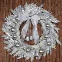 24" Silver Christmas Wreaths for Front Door, Silver Berry Leaves Bells Balls Xmas Wreath with White Fake Pampas Grass, Door Reef for Windows Fireplaces Walls, Front Porch Indoor and Outdoor