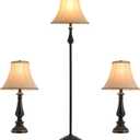 Vintage 3-Piece Table and Floor Lamp Sets with Brown Fabric Shades