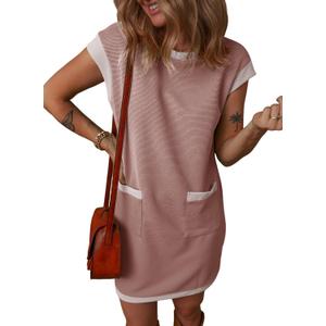 Dokotoo Women's 2026 Casual Spring Summer Dresses Fashion Cap Sleeve Color Block Crewneck Shift Tshirt Mini Dress (Pink, S)