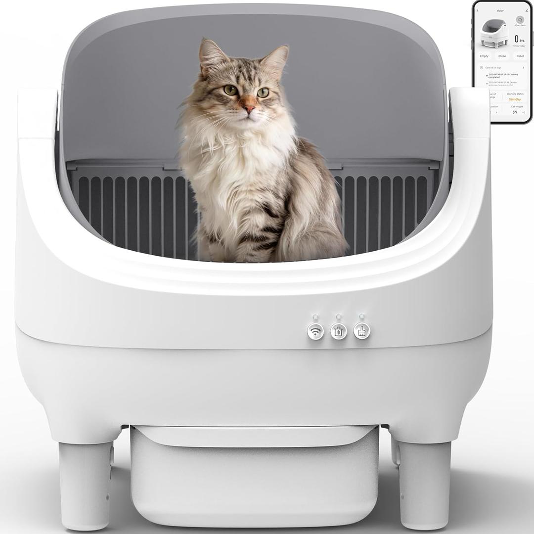 Self Cleaning Litter Box, Automatic Cat Litter Box-APP Control, Open-Design Electric Litter Box, Safety Anti-Pinch, Odor-Free Waste Disposal Includes Trash Bags, Suitable for Multiple Cats, White