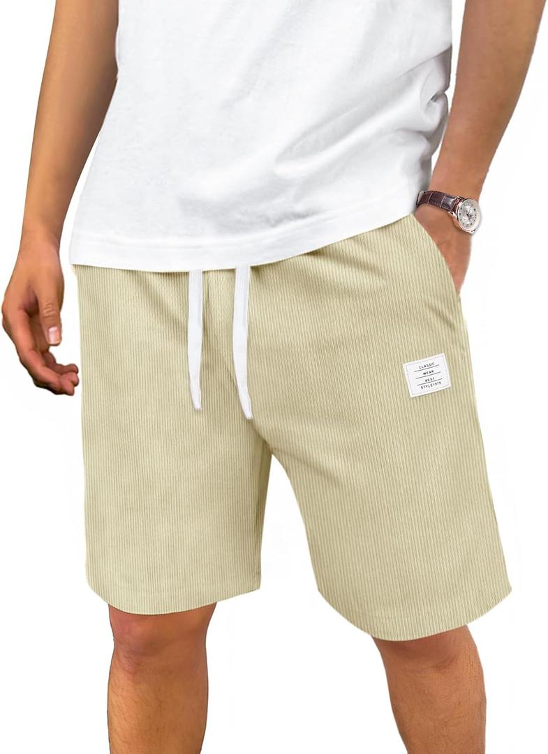 Men's Corduroy Shorts Casual Elastic Drawstring Lightweight Summer Beach Shorts with Pockets (L)