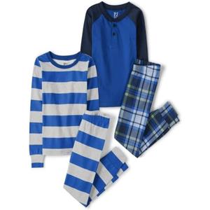 The Children's Place Baby Long Sleeve Top and Pants Snug Fit 100% Cotton 4 Piece Pajama Set, Essential Blue 2 Pack, 10