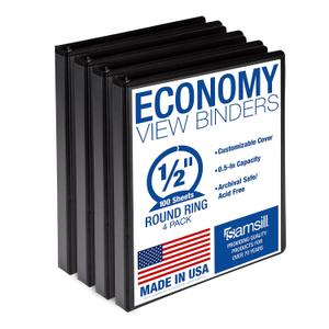 Samsill 0.5 Inch 3 Ring Binders, Economy Round Ring, Clear View Cover, 100 Sheet Capacity - for School, Home, Office - Black, 4 Pack