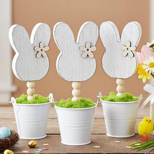 Yousoontic 3 Pcs Neutral Wooden Bunny Standing Table Decor Rustic Bunny Table Centerpiece Signs Rustic Rabbits Mini Potted Signs with Flowers Neutral Farmhouse Rabbits Gifts Easter Tabletop Decor
