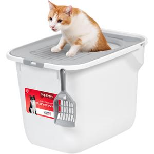 IRIS USA Cat Litter Box Large Top Entry with Lid, Enclosed Litter Box with Litter Catching Lid & Scoop, Covered Cat Litter Box Enclosure for Privacy, High Sided, White/Gray