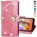 COTDINFOR Compatible with iPhone 14 Case Glitter Bling with Card Holder and Stand Leather Flip Wallet Diamond Butterfly Protective Case for iPhone 14 6.1 inch Crystal Pink