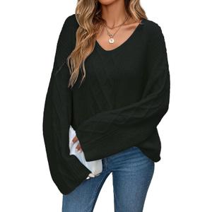 Womens Oversized V Neck Cable Knit Sweater Spring 2026 Casual Lightweight Ladies Long Sleeve Pullover Sweaters (Small, Black)