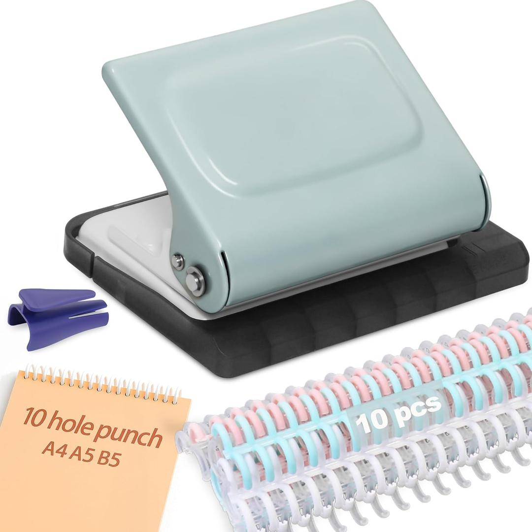 10 Hole Punch Binding Machine for Planners with 10 Multi-Color Binder Rings, 30 Holes on A4, 20 Holes on A5, 26 Holes on B5, 10 Sheet Capacity (Pale Blue)