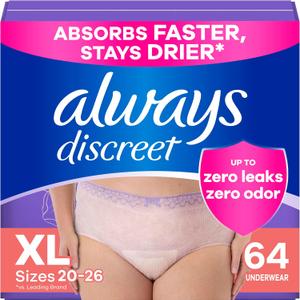 Always Discreet Adult Incontinence Underwear for Women and Postpartum Underwear, XL, Up to 100% Bladder Leak Protection, 64 Count (Packaging May Vary)