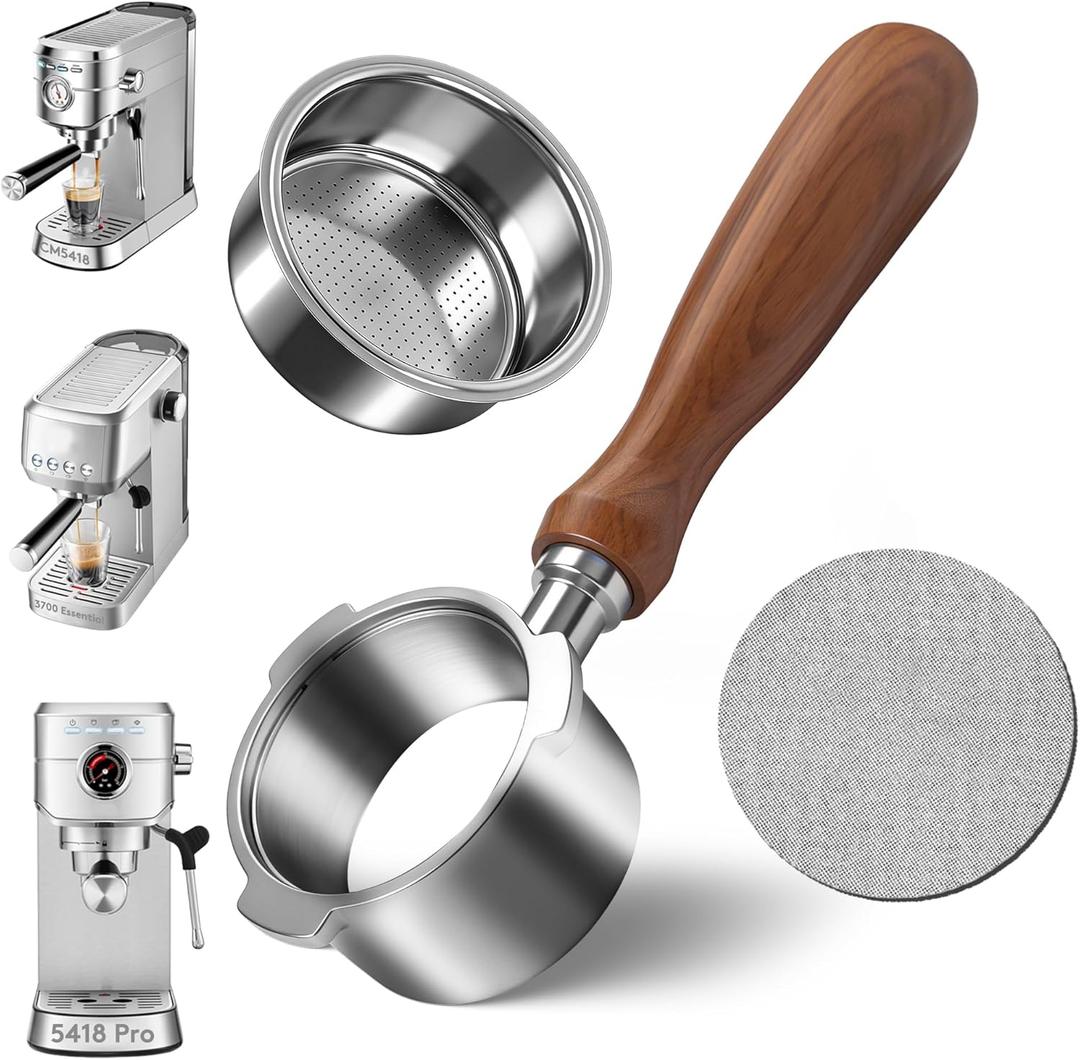 Bottomless Portafilter 51mm Compatible with CASABREWS CM5418, 5418Pro & 3700Essential - Stainless Steel 3-Ear Portafilter with Puck Screen & Filter Basket (Walnut wood)