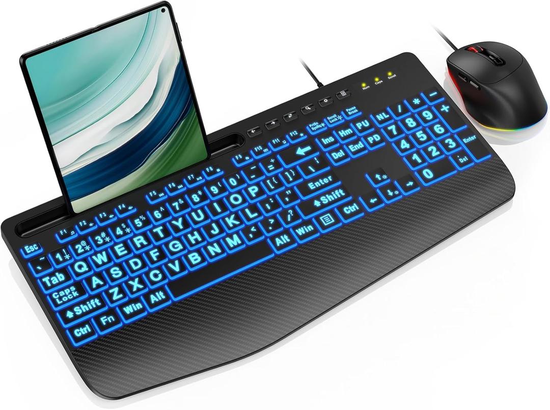 Wired Keyboard Mouse Combo - Large Print Backlit, Ergonomic Wrist Rest, 6 DPI RGB for PC/Windows - Ideal for Seniors, Students, Office and Home SABLUTE KM21Pro